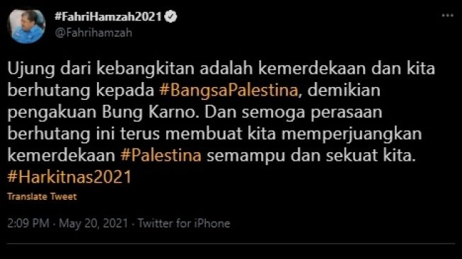 Rayakan Kebangkitan Nasional, Fahri Hamzah: Kita Berhutang Pada Palestina