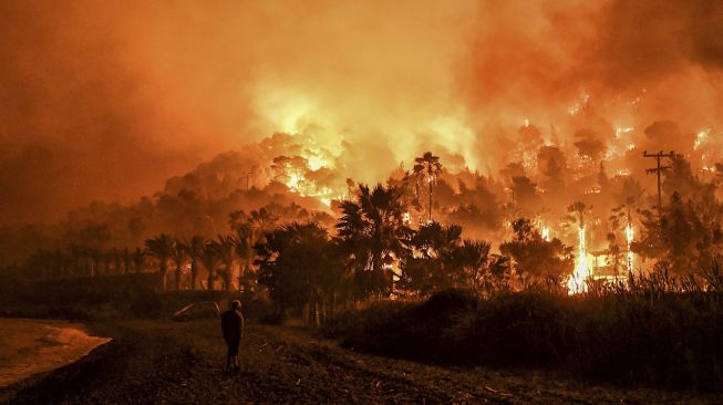 Seorang pria berdiri di depan api saat terjadi kebakaran di dekat Desa Schinos, sebelah barat Athena, pada (19/5/2021). [VALERIE GACHE / AFP]