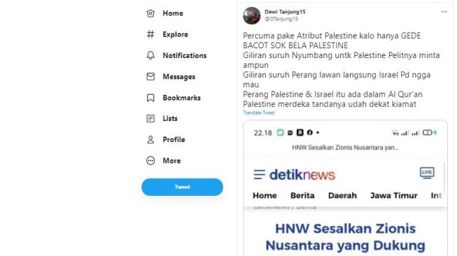 Cuitan Dewi Tanjung soal HNW sesalkan zionis nusantara.[Twitter/@DTanjung15]