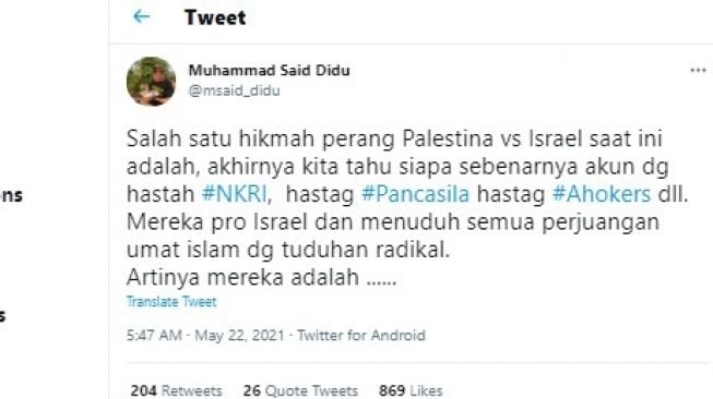 Cuitan Said Didu soal perang Palestina dan Israel.[Twitter/@msaid_didu]