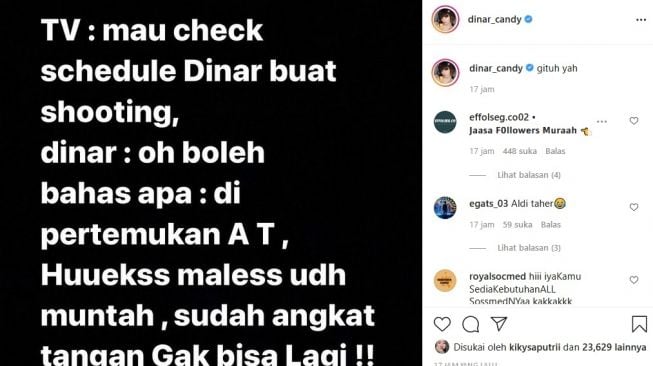 Dinar Candy ogah dipertemukan dengan Aldi Taher. [Instagram]