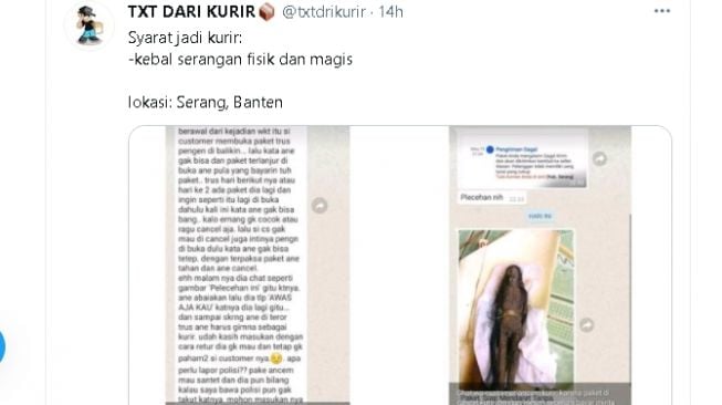 Kurir diancam jenglot usai cekcok dengan customer saat COD (twitter.com/@txtdrikurir)