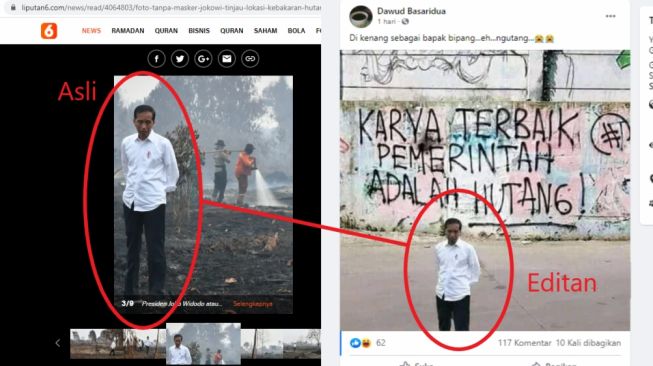 Cek Fakta Jokowi foto didepan tulisan 'Karya Terbaik Pemerintah Adalah Hutang' (turnbackhoax.id)