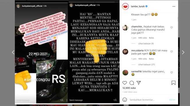 Heboh Diduga Mantan Menteri 'RS' Serempet Mobil (Instagram/Luckyalamsyah_ofiicial)