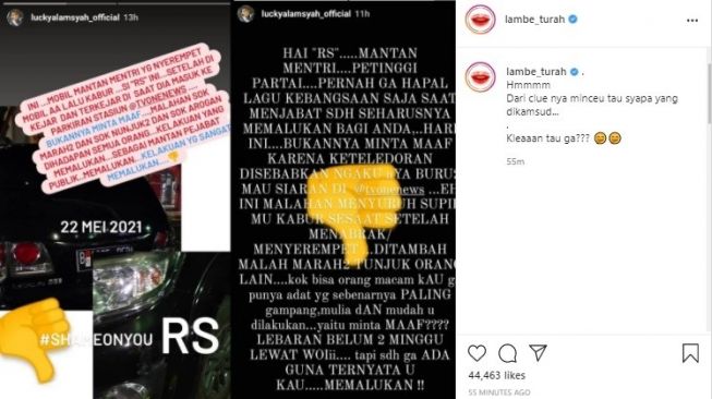 Mobil Lucky Alamsyah diserempet mantan pejabat "RS". - (Instagram/@lambe_turah)