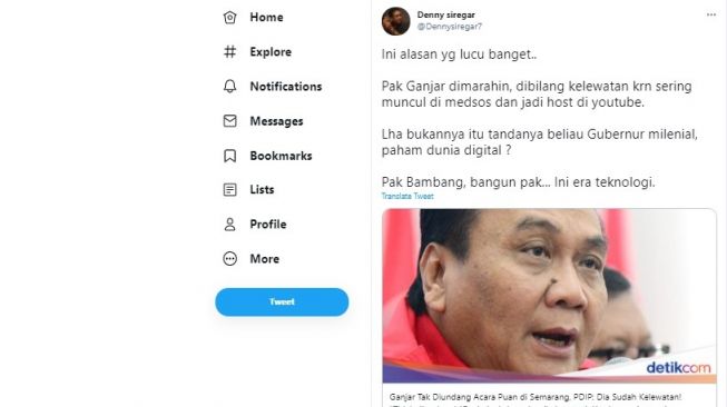 Cuitan Denny Siregar soal Ganjar Pranowo tidak diundang agenda PDIP Jateng.[Twitter/@Dennysiregar7]