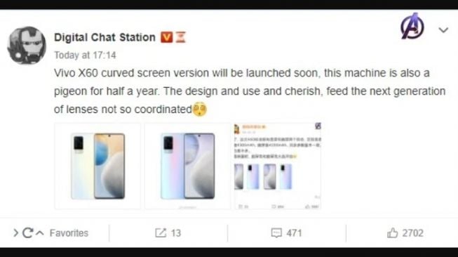 Bocoran varian Vivo X60 layar melengkung. [Gizmochina]