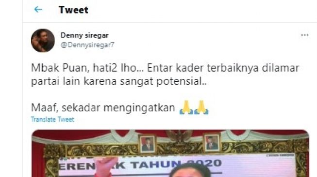 Cuitan Denny Siregar mengingatkan Ketua DPP PDIP Puan Maharani.[Twitter/@Dennysiregar7]