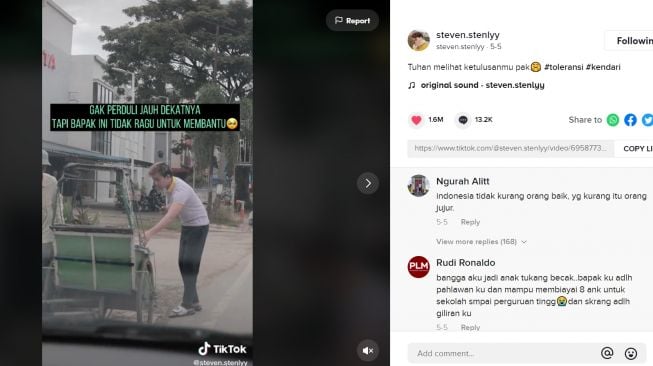 Viral Aksi Tulus Tukang Becak Antar Penumpang Tak Dibayar, Publik Terharu (TikTok/Steven.stenlyy)