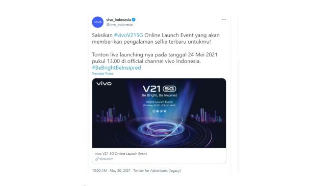 Cuitan Vivo Indonesia peluncuran Vivo V21 5G. [Twitter]