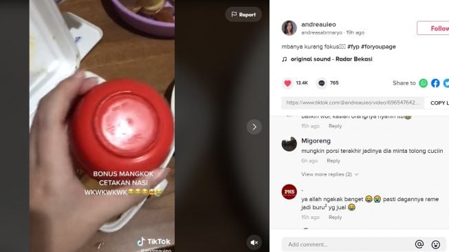 Beli Nasi Kotak, Wanita Syok Temukan Toping Mangkuk di Dalamnya (TikTok/Andreauieo)