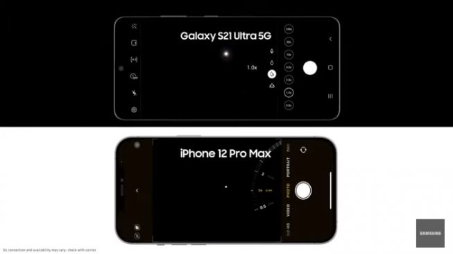 Iklon Samsung Galaxy S21 Ultra 5G frente al iPhone 12 Pro Max. [YouTube/Samsung US]
