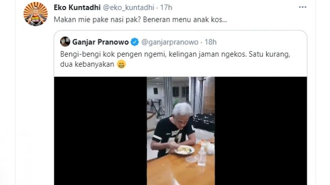 Momen Ganjar Pranowo saat makan makanan ala anak kos [Twitter @Eko_Kuntadhi]