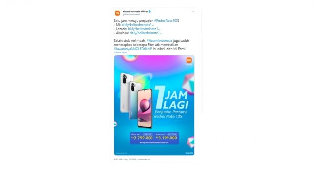 Penjualan Redmi Note 10S dibuka. [Twitter]