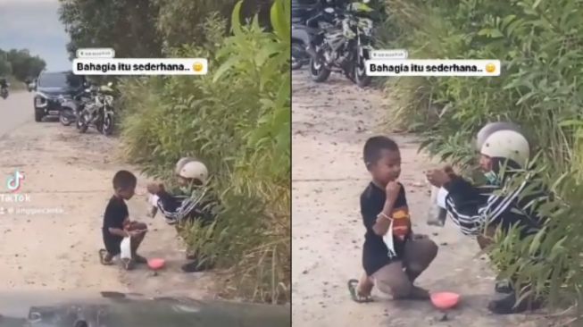 Momen Haru Ayah dan Anak Suap-suapan di Pinggir Jalan, Publik Terenyuh