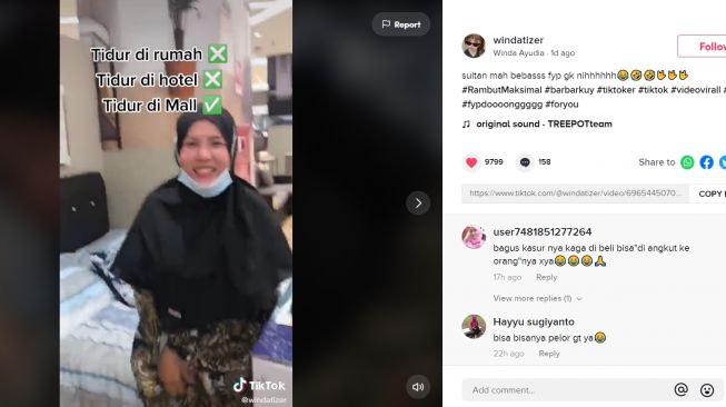 Terlalu Nyaman! Nyoba Kasur di Mall, Wanita Tidur Nyenyak bak Kamar Sendiri (TikTok/Windatizer)