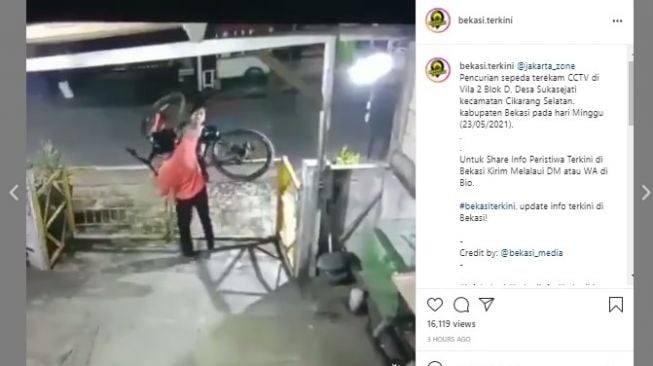 Viral aksi pencuri sepeda di Cikarang.[Instagram/bekasi.terkini]