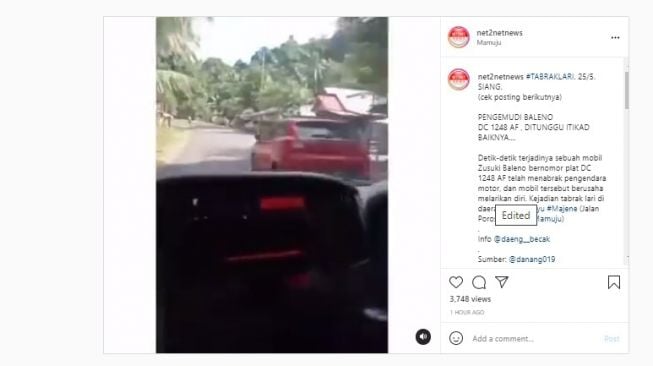 Viral sebuah mobil merek Baleno merah tabrak lari pemotor.[Instagram/net2netnews]