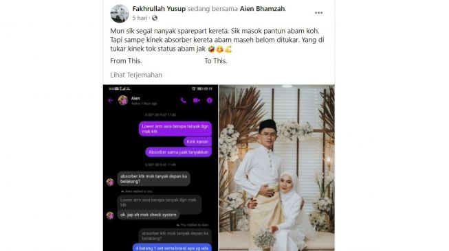 Kisah pria Malaysia menemukan jodoh gara-gara mencari sparepart mobil (Facebook)