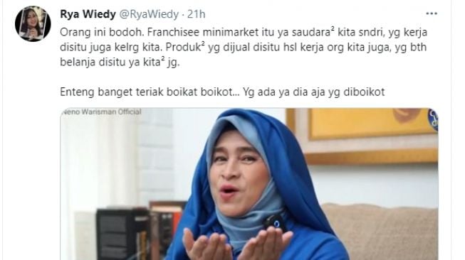 Netizen tanggapi pernyataan Neno Warisman soal boikot [Twitter @RyaWiedy]