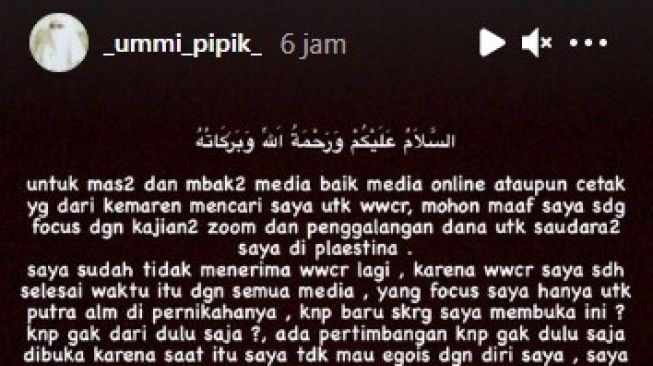 Umi Pipik menjelaskan alasan baru ungkap poligami Uje lewat Insta Story. [Instagram@ummi_pipik]