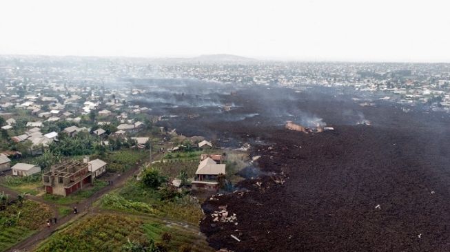 Penampakan sebagian wilayah di Kongo usai tersapu aliran lava letusan Gunung Nyiragongo. (Foto: AFP)