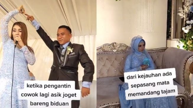 Pengantin pria joget bareng biduan di pernikahan. (Tiktok/@fikririzaldi_official)