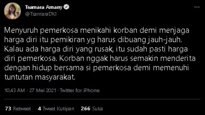 Cuitan Tsamara soal pemerkosa mau nikahi korban. (Twitter/@TsamaraDKI)