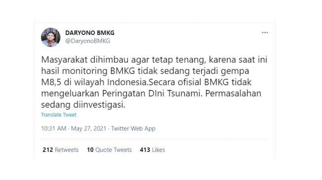 Klarifikasi sms gempa dari BMKG. [Twitter]