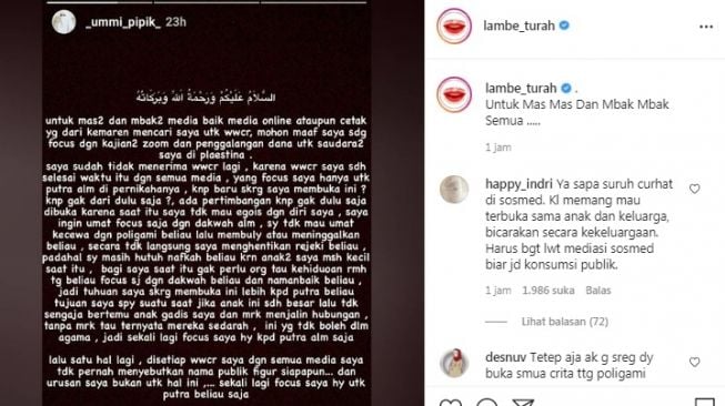 Unggahan soal Umi Pipik [Instagram/@lambe_turah]