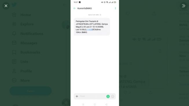 SMS gempa dari BMKG. [Twitter/@wildzimul]