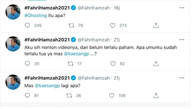 Tangkapan layar cuitan Fahri Hamzah terhadap Kaesang Pangarep dan Felicia Tissue. [Twitter]