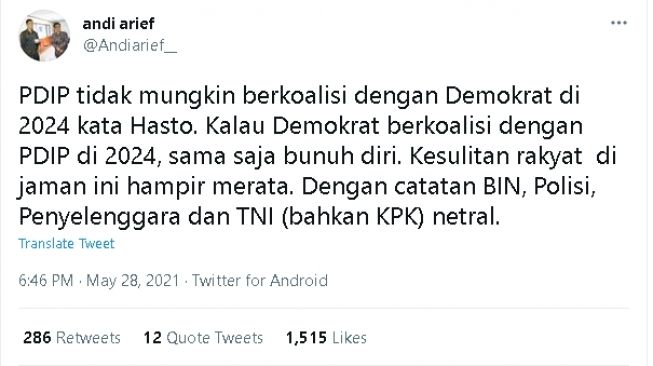 Cuitan Andi Arief soal pernyataan PDIP (twitter.com/@Andiarief__)