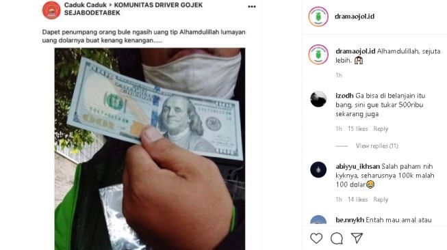 Ojol dapat dolar (instagram.com/@dramaojol.id)