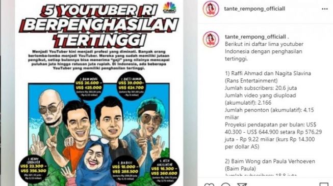 Daftar lima Youtuber Indonesia berpenghasilan tertinggi [Instagram Tante_rempong]