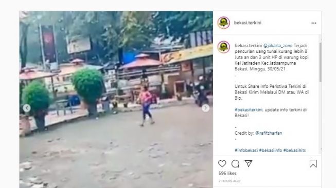 Viral aksi pencurian HP dan uang di Jatiraden, Jatisampurna, Kota Bekasi, Jawa Barat, Minggu (30/5/2021).[Istagram/bekasi.terkini]