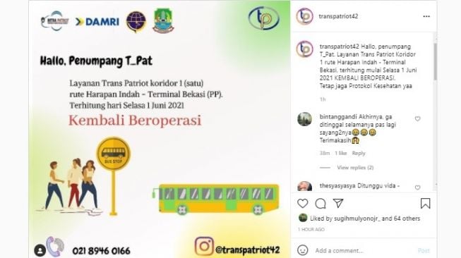 Bus Transpatriot Bekasi kembali beroperasi mulai besok, Selasa (1/6/2021).[Instagram/TransPatriot Kota Bekasi]