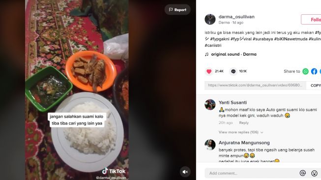 Curhat Suami Niat Selingkuh Gegara Istri Nggak Jago Masak, Panen Hujatan (TikTok/@Darma_osullivan)