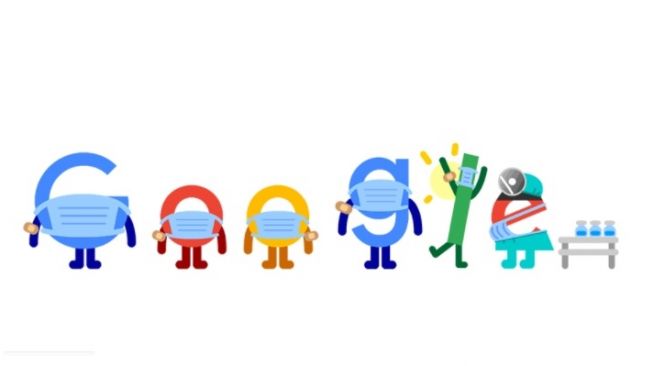 Google Doodle ajakan vaksin Covid-19 dan mengenakan masker. [Screenshot/Lintang Siltya Utami]