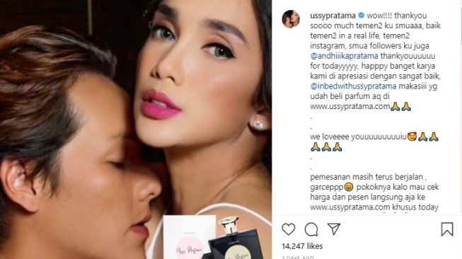 Pemotretan Ussy dan Andhika Pratama untuk bisnis parfum. [Instagram/ussypratama]