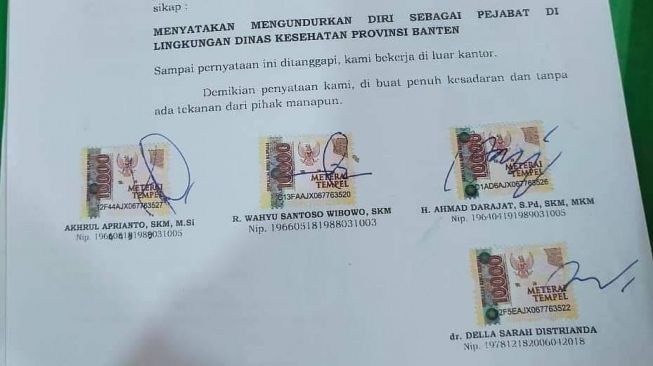 Surat pengunduran diri pejabat eselon III dan IV Dinkes Provinsi Banten [IST]