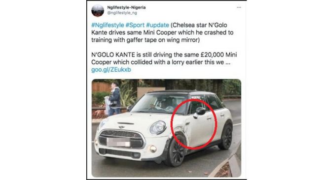 Mobil N'Golo Kante dipaksa dikendarai meski mengalami kecelakaan (Twitter)