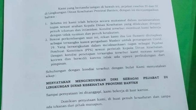 Puluhan Pejabat Dinkes Provinsi Banten Mengundurkan Diri Kami Bekerja Penuh Ketakutan Suara Banten