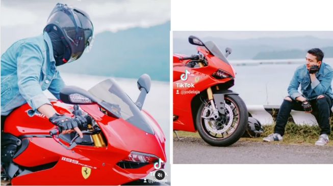 Pemotor diajak foto-foto bersama emak-emak saat naik moge Ducati Panigale (Instagram)