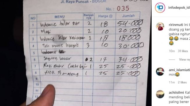 Nota pembayaran harga makanan di Puncak Bogor [@infodepok_id]