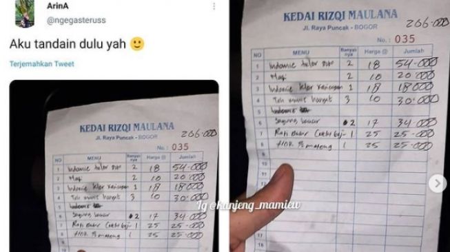 Harga tak wajar saat makan di warung kopi Puncak (twitter.com/@ngegasteruss)