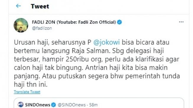 Cuitan Fadli Zon.[Twitter/fadlizon]