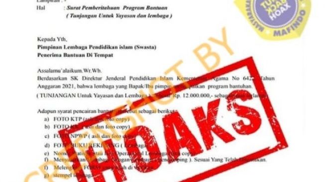 Cek Fakta bantuan 12 juta dari Kemenag (turnbackhoax.id)