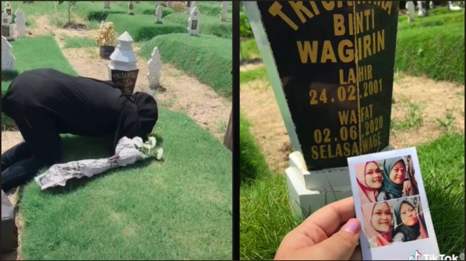 Wanita Nangis Sesenggukan Jenguk Makam Sahabat, Peluk Nisan Erat-erat