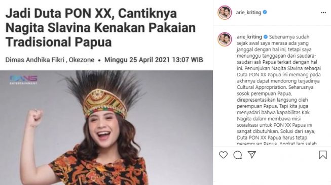 Postingan Arie Kriting soal Duta PON XX Papua. (Instagram/arie_kriting)